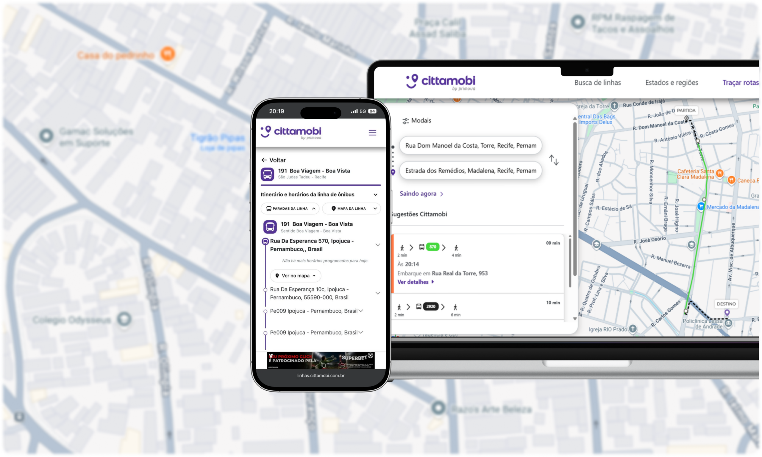 Interface de Linhas e Rotas do Cittamobi