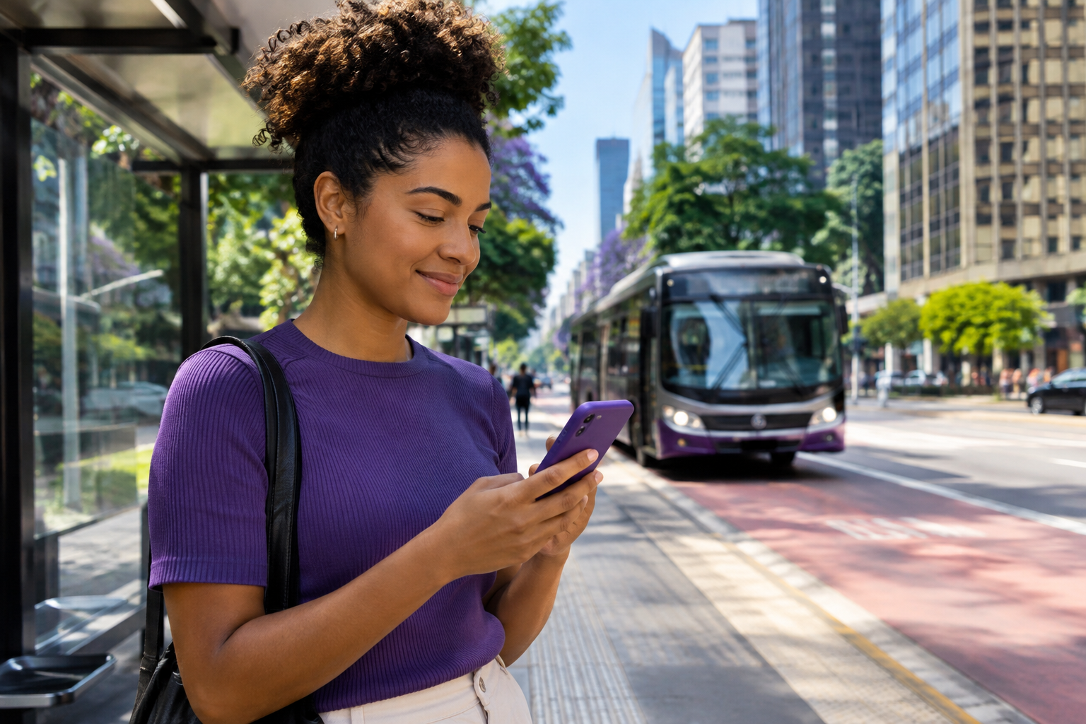 Pessoa consulta informações de uma linha de ônibus no celular.