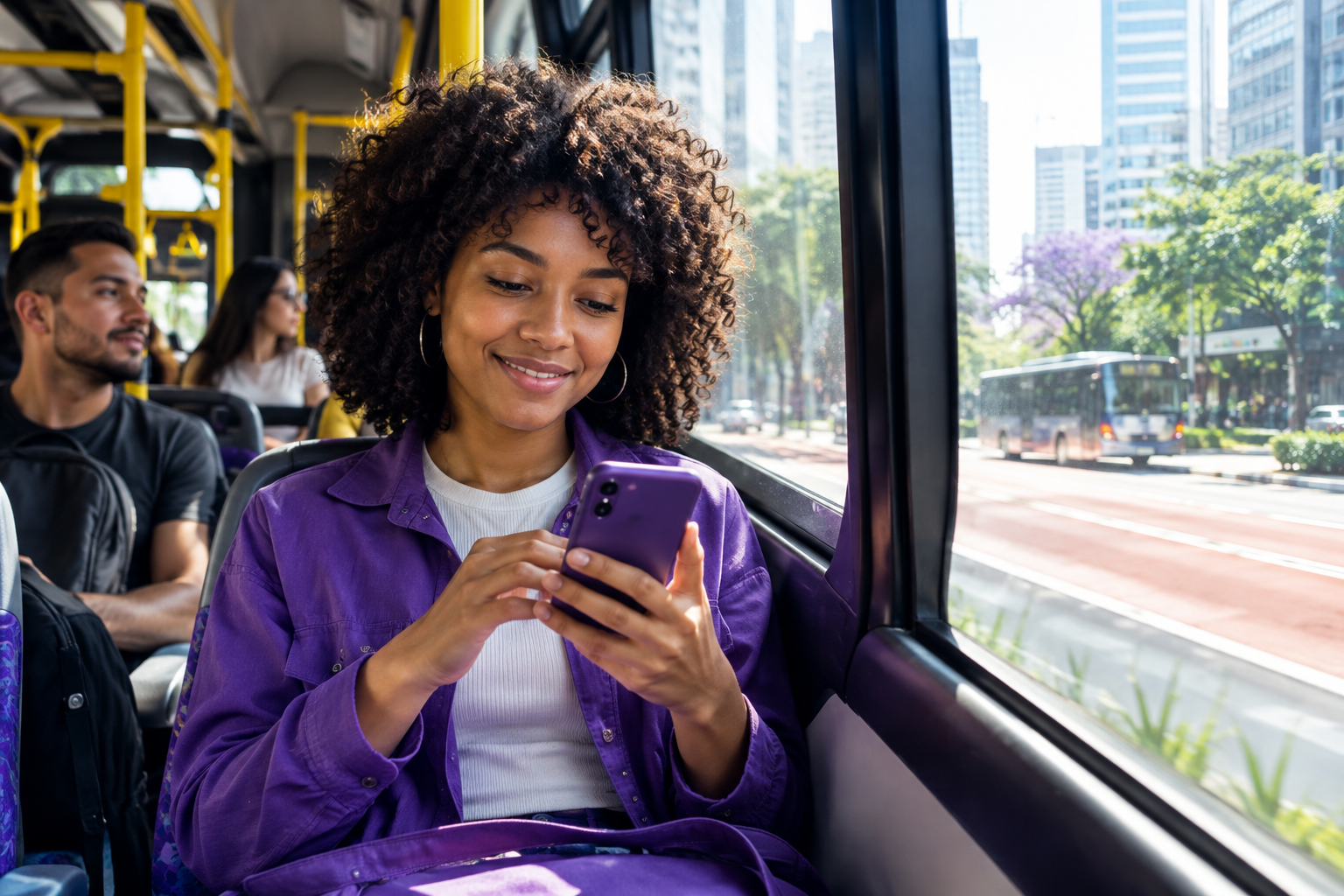Pessoa acompanha uma viagem de ônibus pelo celular.